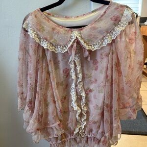 Floral Pink Lace Trim Blouse